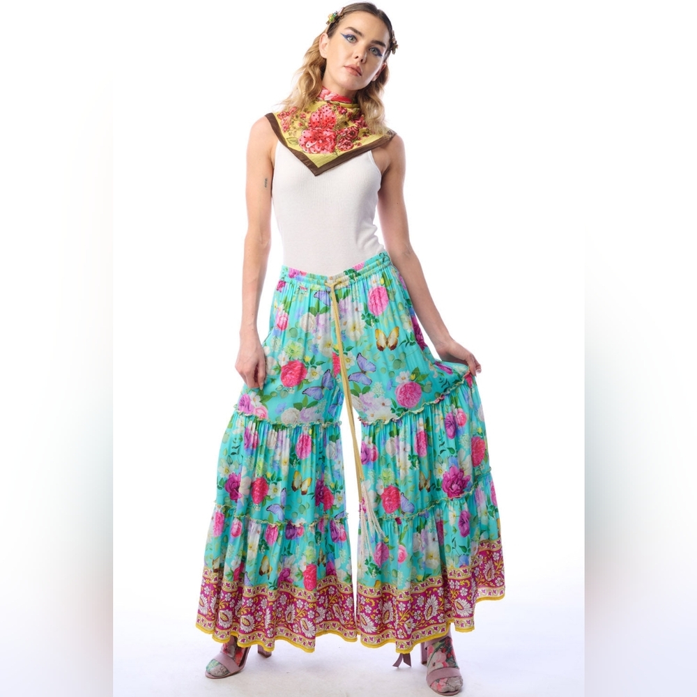 Serenity Springs Pants Aratta Turquoise Floral & Butterfly Wide-Leg Tiered Pants